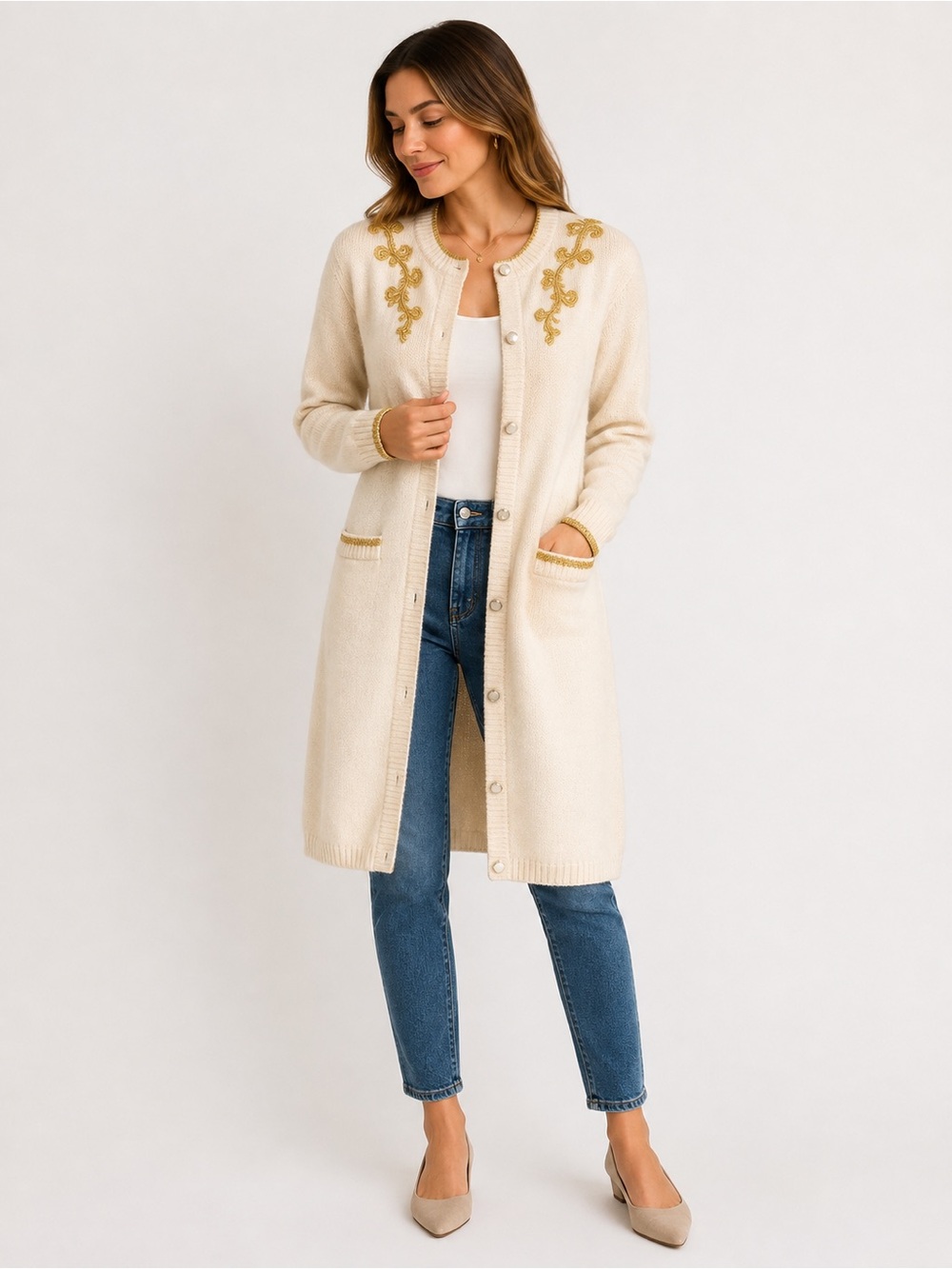 RAOUL Ivory & Gold Embroidered Long Cardigan Sweater – Size S